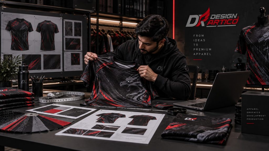 Designer reviewing a custom activewear sample before production  